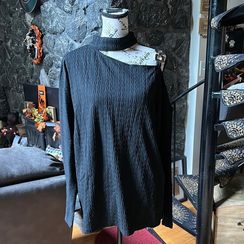 Black Textured Long Sleeve Mock Neck , cold shoulder Top